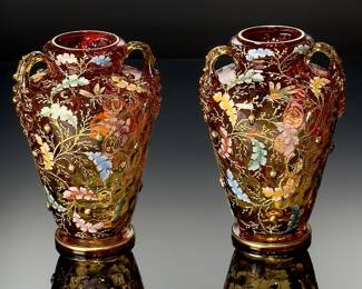 2pc Antique Moser Glass Acorn & Oak Leaf   Insects Enameled Gilt Vase PAIR  Bohemian