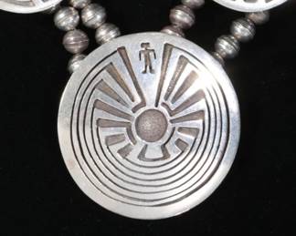 Hopi/Pima Silver Overlay 9 Medallion Necklace Man in The Maze Native American Jewelry Signed