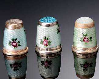 Lot of 3 Germany Silver & Enamel Floral Thimbles  