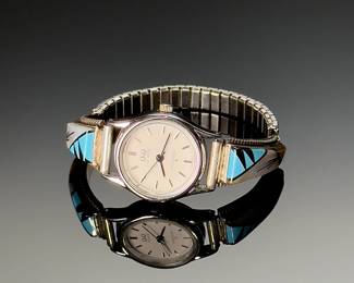 Zuni T&J Inlay Turquoise MOP Inlay Watch Tips Ladies Native American Jewelry 
