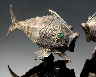 Lot of 2 Vintage Chinese Articulated Fish Silver Salt & Pepper Shakers 