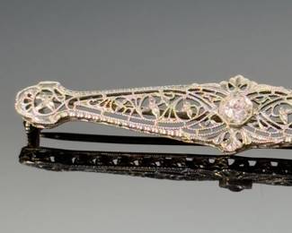 Antique 14k White Gold & Diamond Art Deco Filigree Bar Pin 