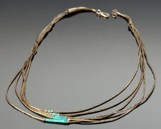 Vintage Native American Liquid Silver & turquoise Bead 5-Strand Necklace 