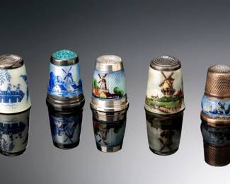 Lot of 5 Silver & Enamel Windmill Scene Thimbles 