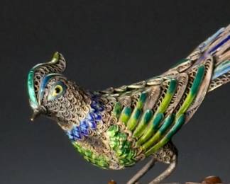 Sterling Silver Filigree & Enamel Chinese Bird Figure