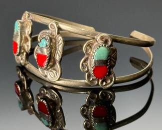 Vintage Navajo Turquoise Red Coral & Silver Cuff Bracelet Native American Jewelry 