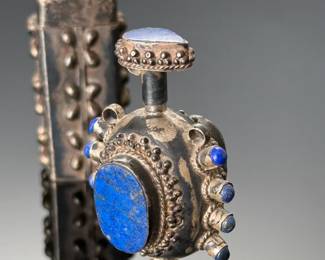 3pc Afghan Sterling Silver & Lapis Lazuli Snuff Bottle/Pill Box/Container