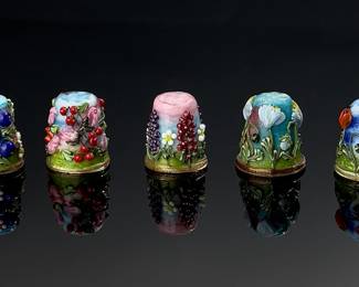 Lot of 5 Crystal Lampwork Glass Thimbles Artist Studio Glass 