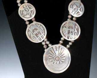 Hopi/Pima Silver Overlay 9 Medallion Necklace Man in The Maze Native American Jewelry Signed