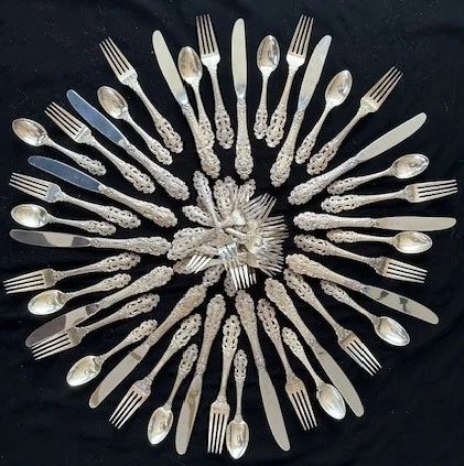 14 place settings (total of 56 pieces) of Crown Baroque by Gorham Sterling Silver Flatware set.