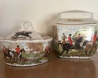 Vintage Empress ironstone England lidded ceramic container depicting a fox hunt scene.