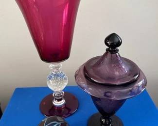 Large Pairpoint ruby crystal chalice vase, amethyst etched empoili glass candy dish and art glass paperweight.