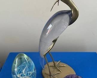 Mid-century brass/glass bird egret sculpture and 2 art glass paperweights.