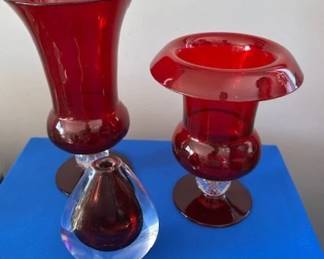 Pairpoint ruby red urn-form vases with a controlled bubble stem, Orrefors vase.