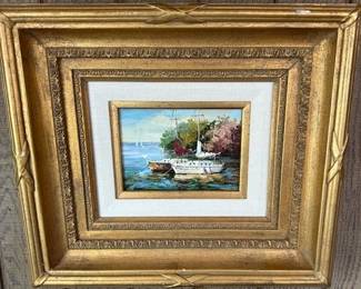 #9. Oil on canvas sailboats by G. Miller, 6.5"x4.5" and framed 16"x14".
