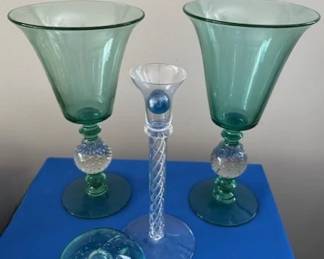 Pairpoint green vase with crystal bubble ball stem, air twist stem candlestick and artglass paperweight.