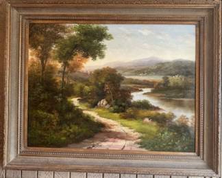 #60. Oil on canvas river scene by Humphrey, 39"x29" and 49"x39" framed.