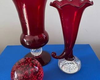 Pairpoint ruby trumpet vase, cornucopia vase with flutter rims and bubbled paper weight.