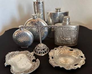Vintage pewter flasks, change dishes, etc.
