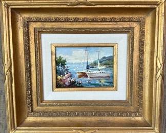 #10.  Oil on canvas sailboats by G. Miller, 6.5"x4.5" and framed 16"x14".