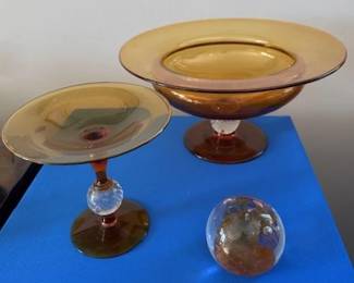 Pairpoint amber glass footed art compote bowls, and paper weight.