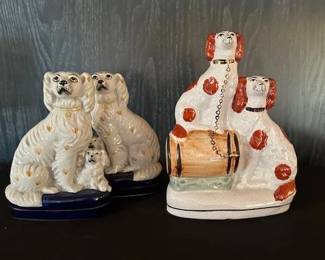 Fitz & Floyd Staffordshire -style porcelain dog bookends (on left) and Staffordshire (stamped on bottom) antique two spaniels with a barrel.
