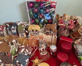 Christmas village houses and stores, angels, etc.