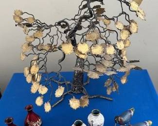 Vintage Mid-Century wire and metal tree, mini Cloisonne vases and birds.
