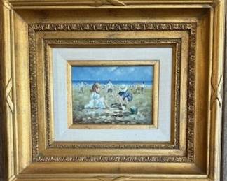 #15. Oil on canvas "children on the beach" by F. Huber, 5"x7", and 16"x14" framed.