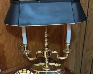 Vintage Brass Two-arm table lamp and Stained glass handcrafted light up turtle.