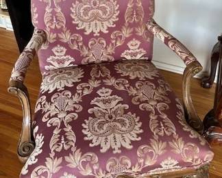 Gentleman's French Louis XV style arm chair, upholstered in Damask pattern.