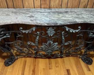 Antique French scrolled cast iron and granite console table entry sideboard, 6'x17"deep and approx. 30" tall.