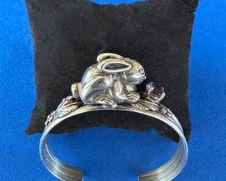 Vintage Carol Felley bunny rabbit flower oval amethyst sterling cuff bracelet.