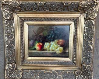 #21. Oil on canvas fruit by B. Rosati, 9.5"x7.5" with frame 20"x18".