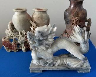 Grey onyx Chinese dragon figure, and Chinese soapstone carvings.