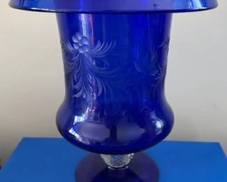 Pairpoint cobalt blue crystal etched vase with signature controlled bubble stem.