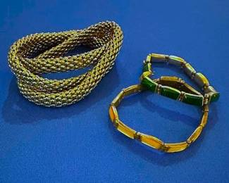 Silver toned mesh bracelet set, sterling bracelets with jade stones and pink stones.