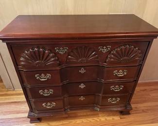  #124. American Drew Block Front 4 drawer mahogany shell carved  dresser.