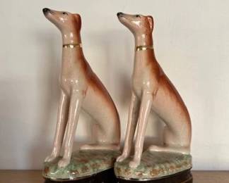 Vintage Fitz & Floyd whippet dog figurines (we have 6 of this size) mantel book ends.