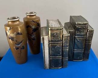 Japanese Meiji period bronze vases and vintage cast metal bookends.