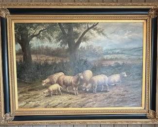 #32. Oil on canvas sheep in the pasture by Terlou, 35"x23" and framed 45"x33".