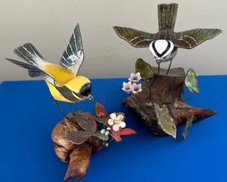 Enamel /copper yellow finch and chickadee.