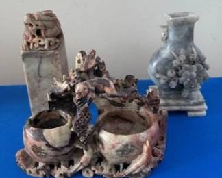 Antique hand carved double brush pot (front), Chinese seal (left) and carved soapstone vase.