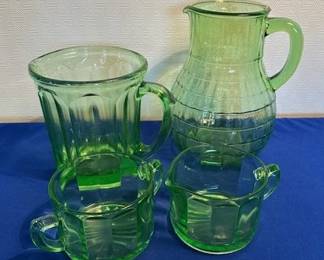 Vintage Depression era glass, uranium creamer and sugar, pitcher by Hazel and Hocking.