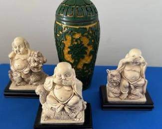 Chinese Buddha figures, "speak no evil, hear no evil and see no evil", and also Chinese green carved cinnabar container.