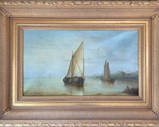 #2. Oil on Canvas sailboats by Jean Laurent, 23"x13.5" art, with frame 34"x24.5".