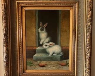 #23.  Oil on canvas 2 bunnies by Scot, 15.5"x12" and framed 27.5" and 24".