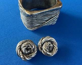 Vintage designer Nurit Shoshana wide 925 bangle bracelet and vintage 925 earrings marked "D".