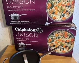 Calphalon Unison nonstick 4qt. saucepan, new in box and 10" saute pan with lid.