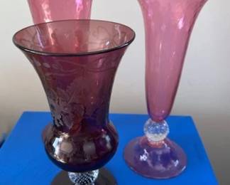 Rare rosaria vintage etched Pairpoint vases.